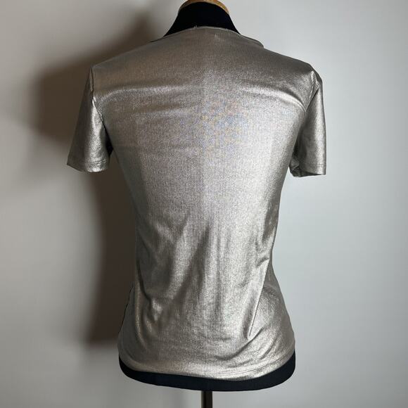 Nine West Metallic Ribbed Stretch T-Shirt XS Silver Brown Cybercore Y2K Top - Picture 2 of 10